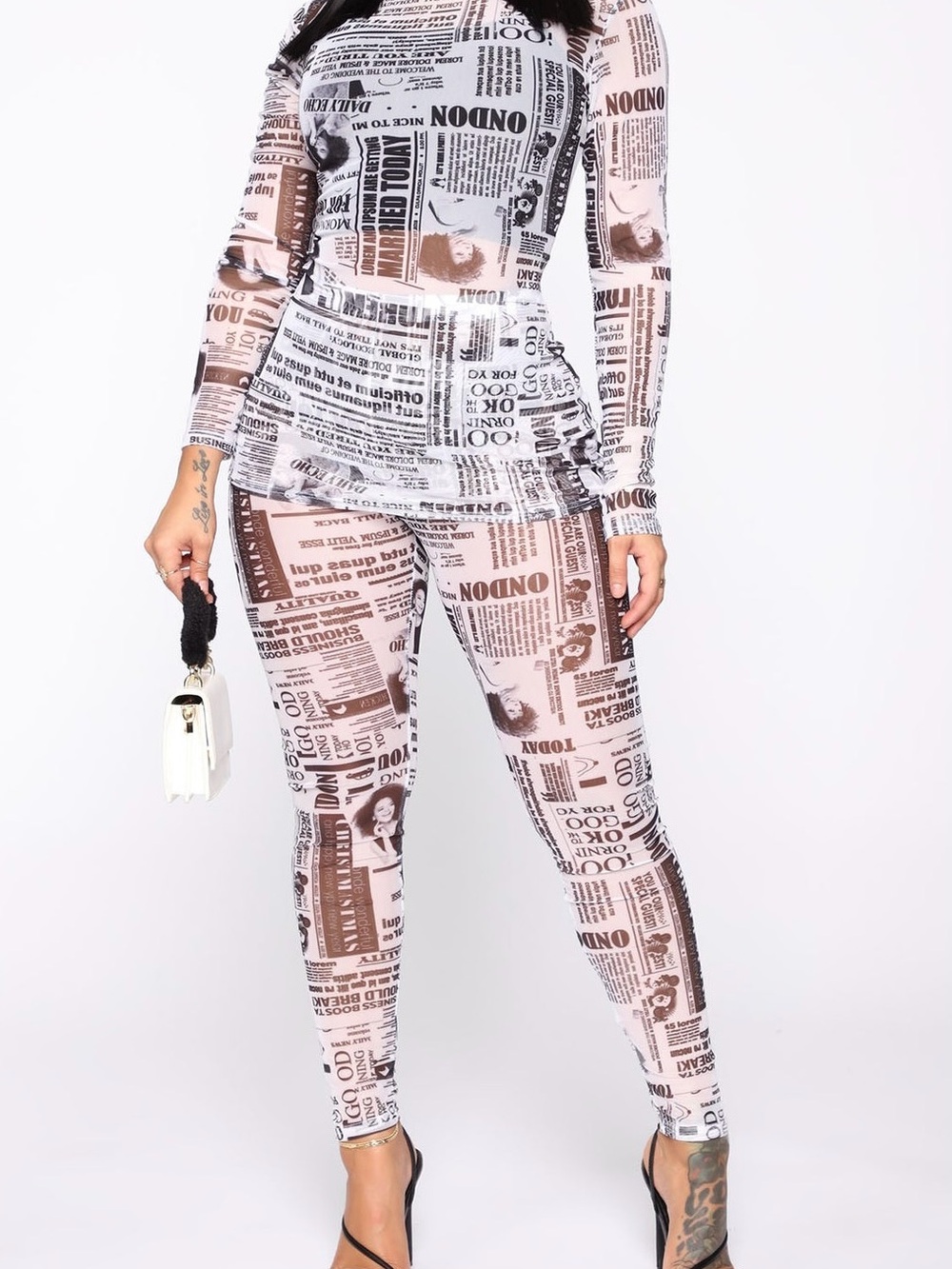 Fashion Nova “Made The Headlines” Newspaper Print Legging Set